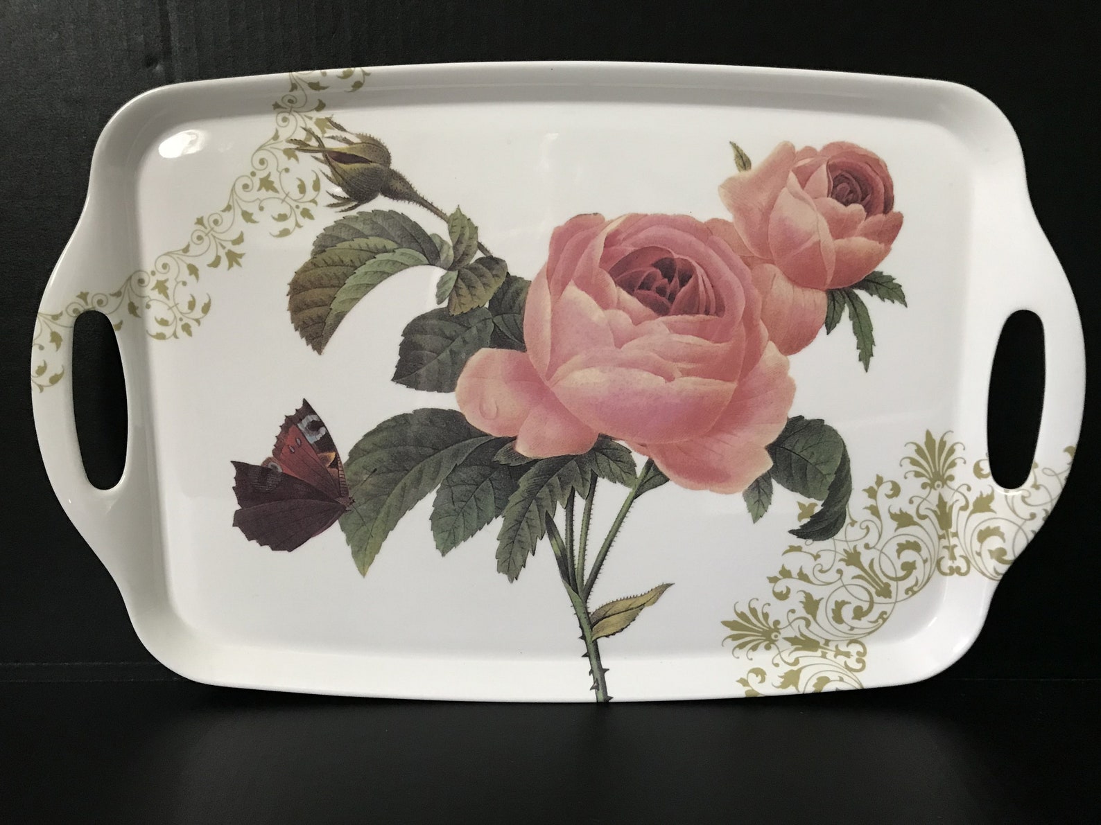 Vintage Large Melamine Serving Tray Roses and Butterfly 2 Etsy