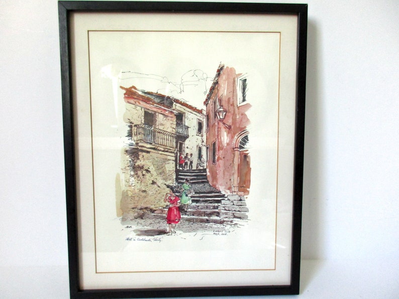 Village Street Castamola Sicily Italy Foote Mid Century Art Old Italy Street Art Framed Watercolor Print Sicily
