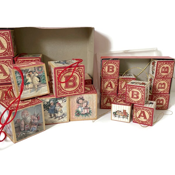 Vintage Wooden Christmas Alphabet Block Ornament Set, 1970s Taiwan Lot Wood Alphabet Block Boxed Set of 12