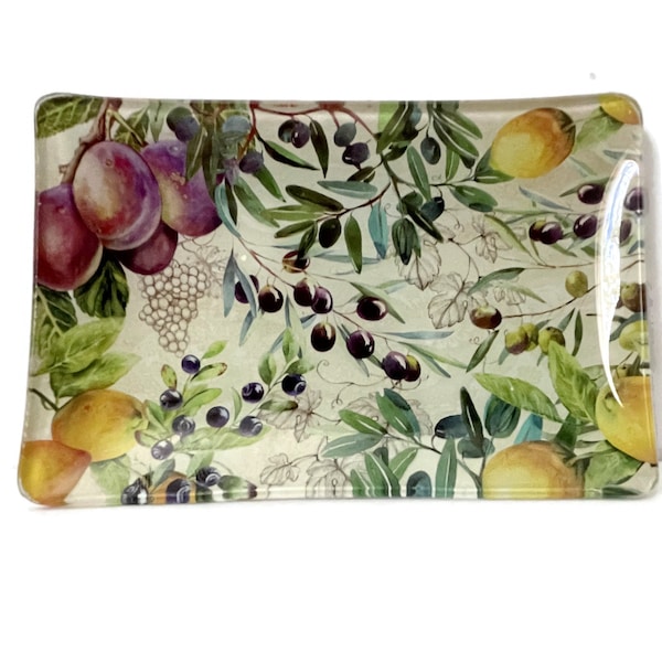 MICHEL Design Works Glass Soap Dish ORIGINAL  Sticker, Ring Jewelry Trinket Dish Holder, Olives Lemons Plums Grapes Mediterranean