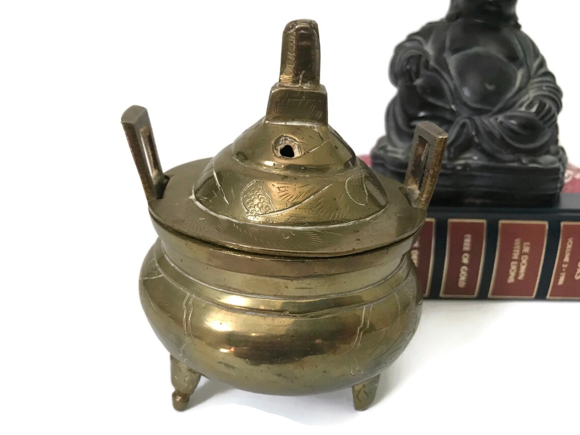 Vintage Brass Incense Burner Holder Lidded Round Box Tri Pod Etsy