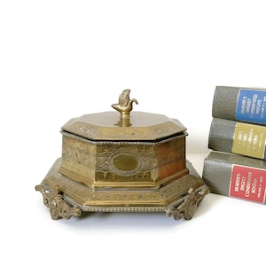 Solid Brass Box with Swan, Lidded Octagonal Box, Unique Octagon Shaped Keepsake Trinket Box, Bookend Bookcase Office Decor