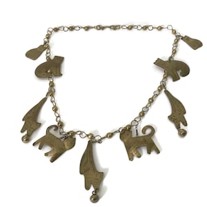 Cat Necklace Dangle, Vintage Brass Cat Charm Necklace, Unique Artisan Statement Jewelry