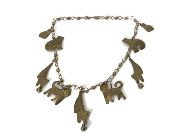 Brass Cat Necklace Vintage, Unique Brass Dangle C… - image 1