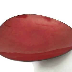 Copper Enamel Art Dish by NAOMI 6 X 4, 1980s Red Enameled Trinket Jewelry Dish, Unique Shape Glass Fired Copper