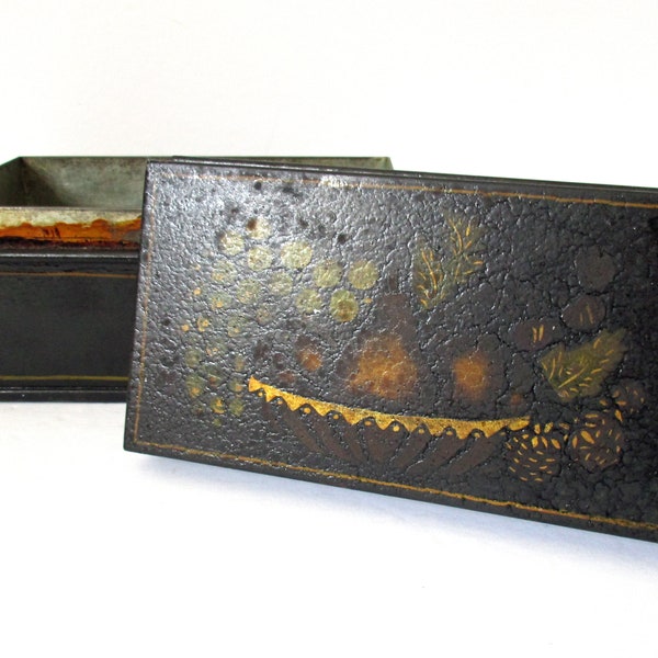 Antique Tole Box, Hand Painted Toleware Box, Fruit Basket Tole Painting Mid Century, Metal Tea or Recipe Box