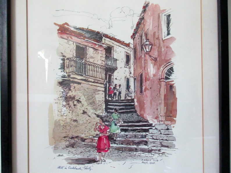 Village Street Castamola Sicily Italy Foote Mid Century Art Old Italy Street Art Framed Watercolor Print Sicily