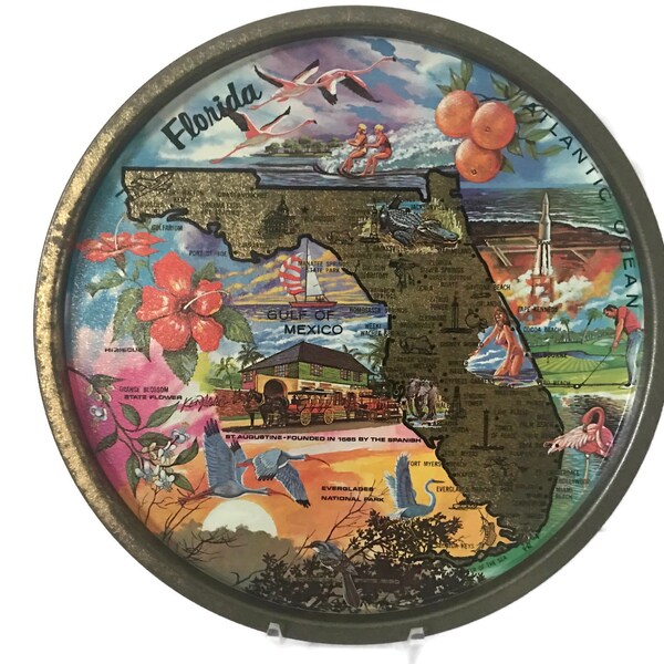 Vintage Florida Round Tray, Mid Century State Metal Drink Serving Tray, Fun Colorful Florida Kitchen Kitsch