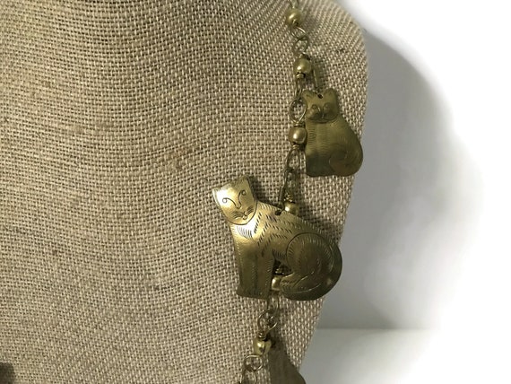 Brass Cat Necklace Vintage, Unique Brass Dangle C… - image 3
