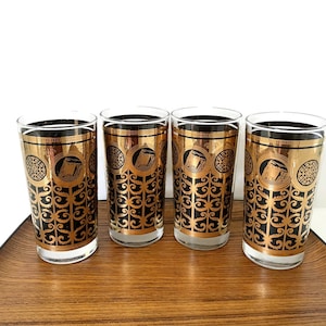 Mid Century Set of  4 Black & Gold Libbey Highball Glasses EXCELLENT CONDITION, Cool MCM Glassware BarWare Set 22K Gold