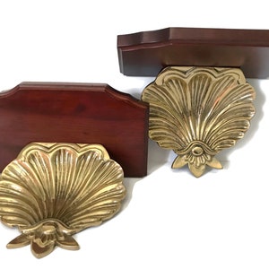 LARGE Brass Scallop Wall Sconce Shelf 15&quot;, SINGLE Brass & Wood Wall Display Shelf Accent, Vintage ROC Decorative Crafts Inc