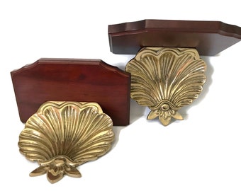 Aplique de pared grande de latón con festón de 15&quot;, estante individual de exhibición de pared de latón y madera, vintage ROC Decorative Crafts Inc
