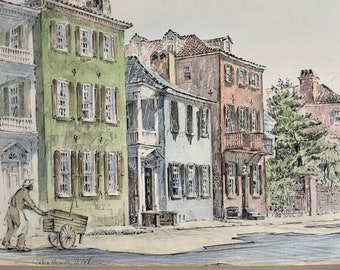 Rainbow Row Print FRAMED Julia Homer Wilson Mid Century Art, Historic Charleston South Carolina