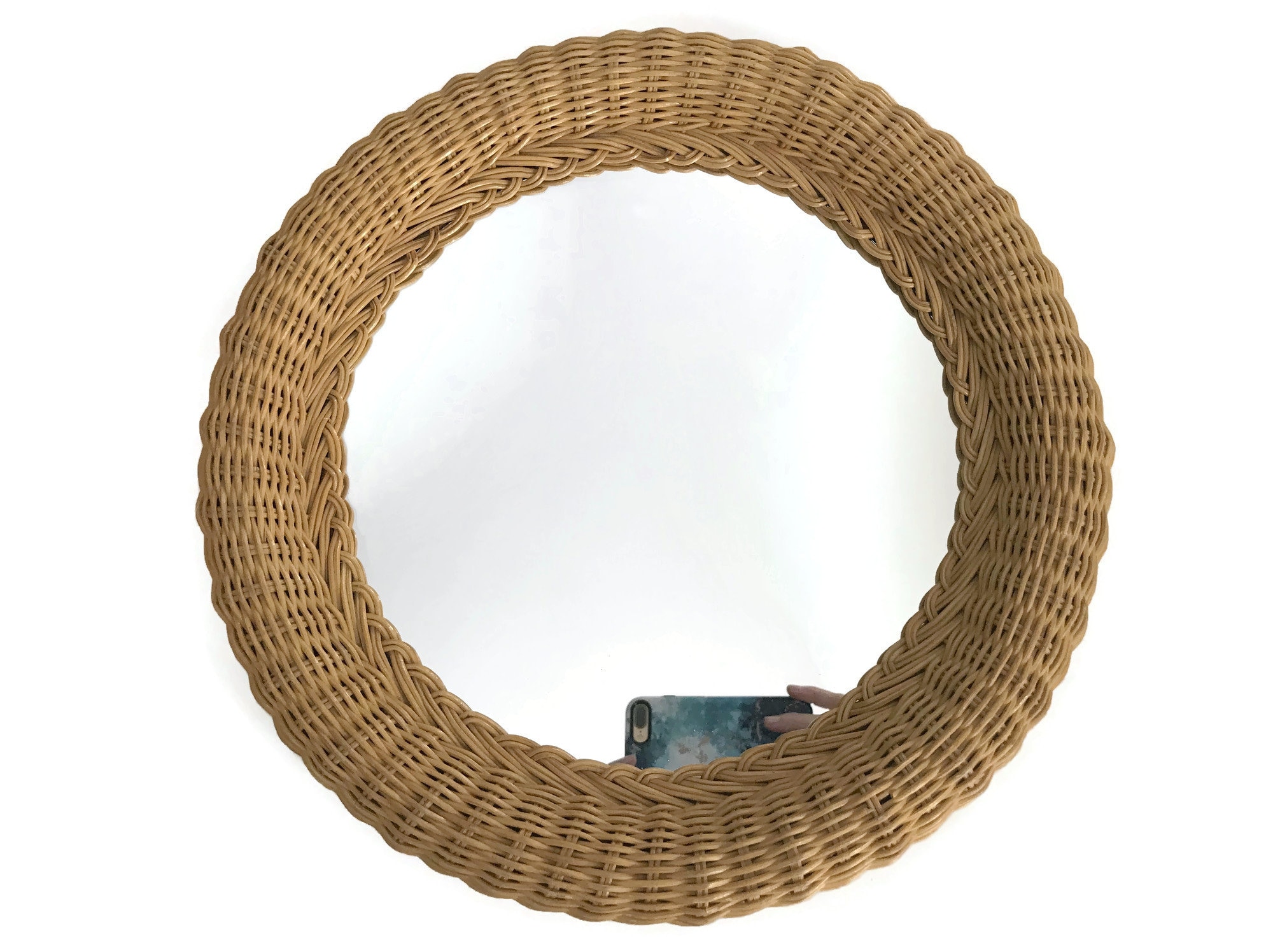 Round Wicker Mirror 16", Vintage Retro Small Natural Wicker Accent Wall Mirror, Made in Hong Kong