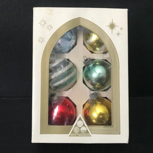 Shiny Brite Ornaments, Mid Century Christmas Ball Ornaments, Boxed Set Assorted Mixed Colors