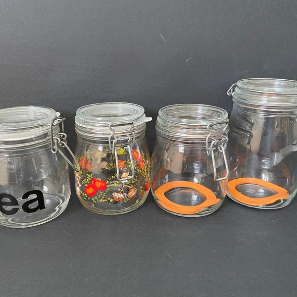 ARC Retro Glass Canisters, TRIOMPHE France Clear Glass Latch Top Jar, Typographic TEA Jar, Spice of Life 3/4L 1L Capacity