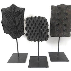 Indian Wood Block Print Stamp on Metal Stand, Vintage India Textile Block Stamp Display