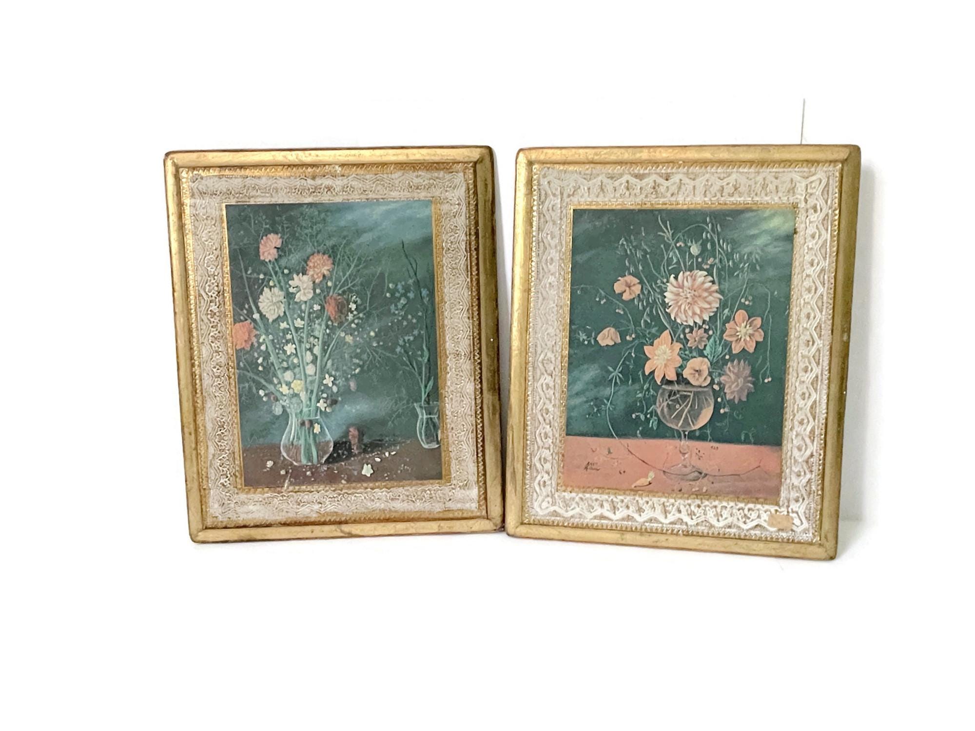 Italian Florentine LARGE 9 x 11 Wall Plaques, Pair Set Mid Century Rectangular Floral Florentine Prints, Gold Gilt Italian Tole Wooden Art