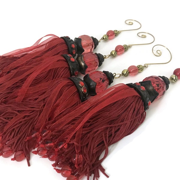 RED 8" Tassel Ribbon Ornaments, Vintage Fancy Large Tassle Jewel Decoration, Shatterproof Christmas Holiday Decoration