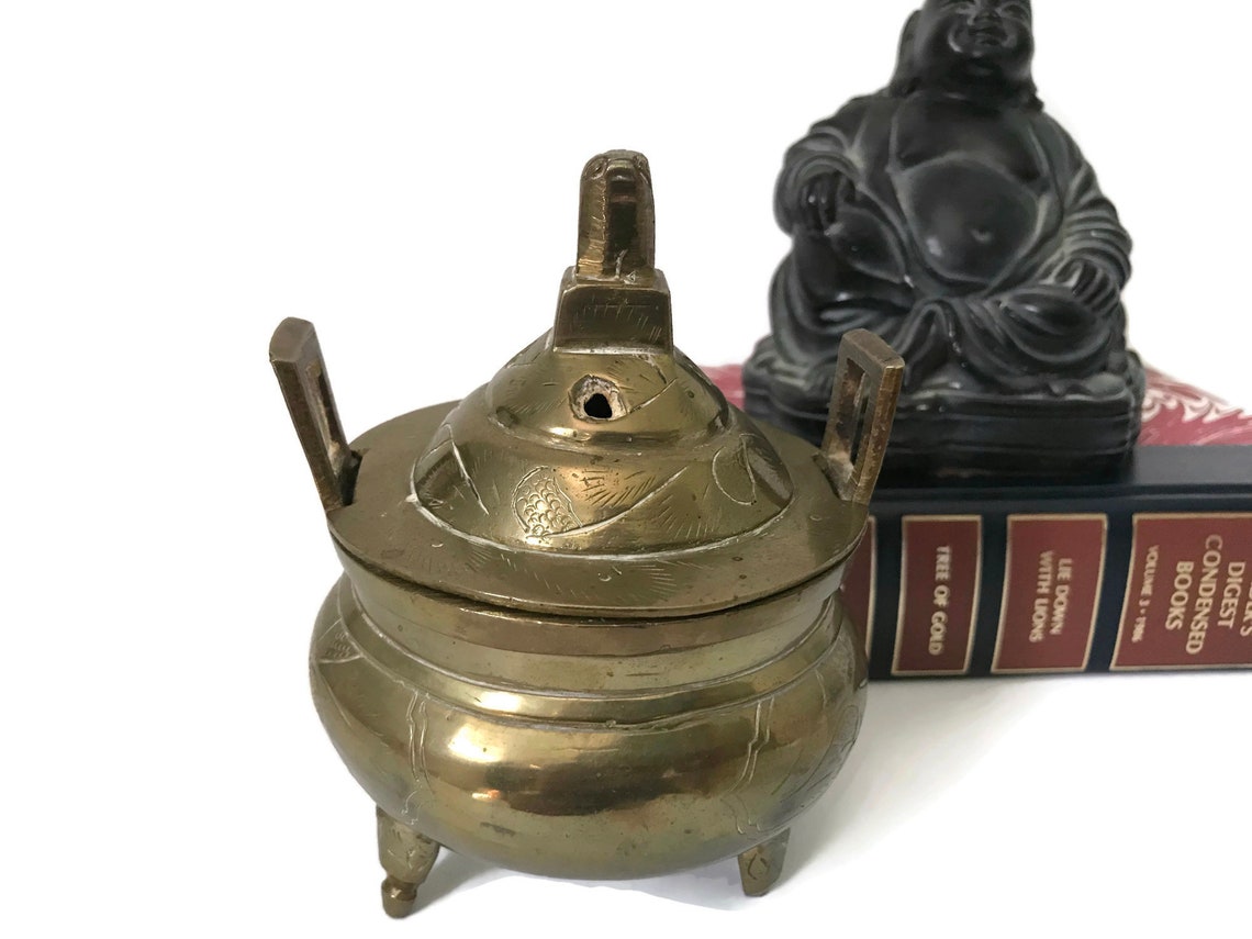 Vintage Brass Incense Burner Holder Lidded Round Box Tri Pod Etsy
