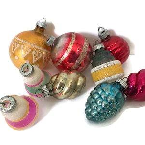 SHINY BRITE Ornaments Assorted Set Lot of 9, Mid Century Christmas Ornaments, WWII Era Sugared Unsilvered Mica