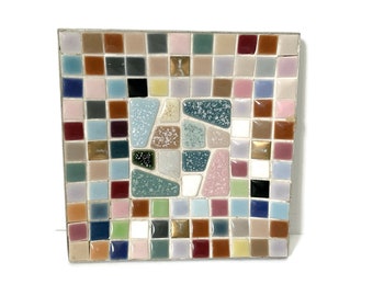 Mini plato para joyas MCM Mid Century, de 5 pulgadas, cuadrado, con mosaico multicolor