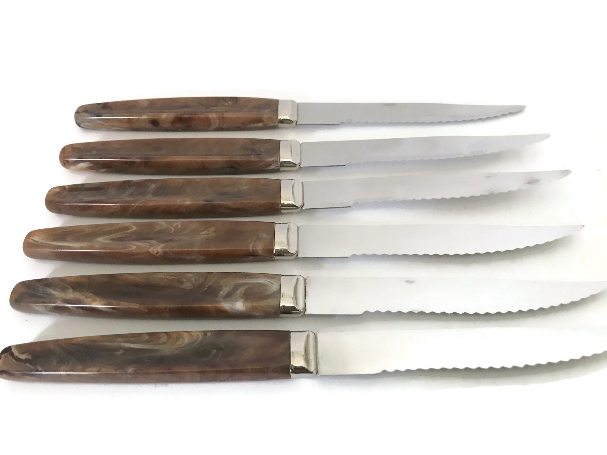 Regent Sheffield Steak Knives Set of 12, Sheffield England Stainless,  Arbleized Brown Plastic Steak Knives, Forever Sharp Knife Set 