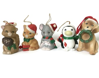 Christmas Ceramic JSNY Critter Bells SET of 5, Vintage Bisque Porcelain Bell Ornaments 1970s, Squirrel Cat Mouse Penguin Dog Bell