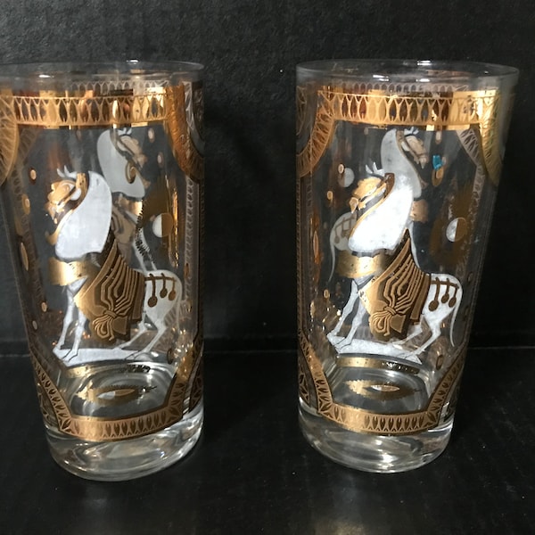 Fred Press Mid Century Glasses, Horse Motif Highball Glasses Pair/Set of 2, Gold White Trojan Horse, Retro Barware Glassware