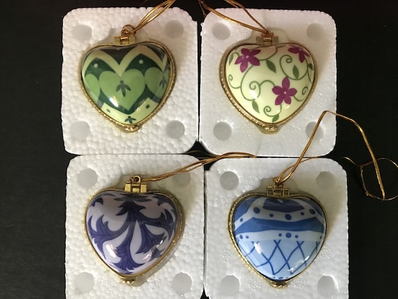 Heart Shaped Trinket Box Ornament, Ceramic Puffed… - image 1