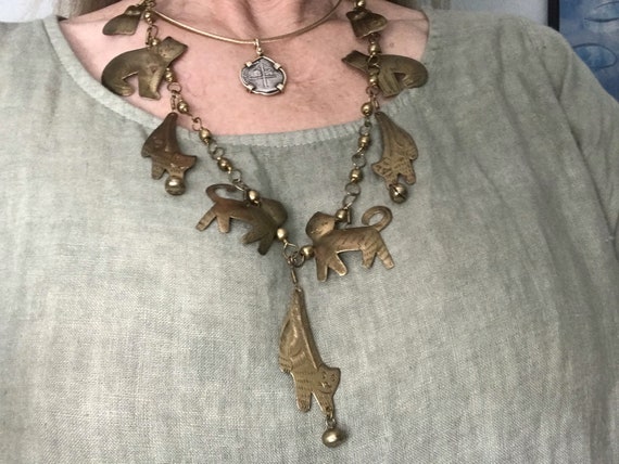 Brass Cat Necklace Vintage, Unique Brass Dangle C… - image 6