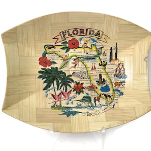 Florida-kaart Bamboo Bowl, kitsch souvenir uit het midden van de eeuw Attracties van de staat Florida