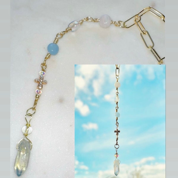 Crystal Car Charm Hanging Rearview Mirror Accessories with Cross and Wire Wrapped with Aquamarine Gemstones and Aura Quartz