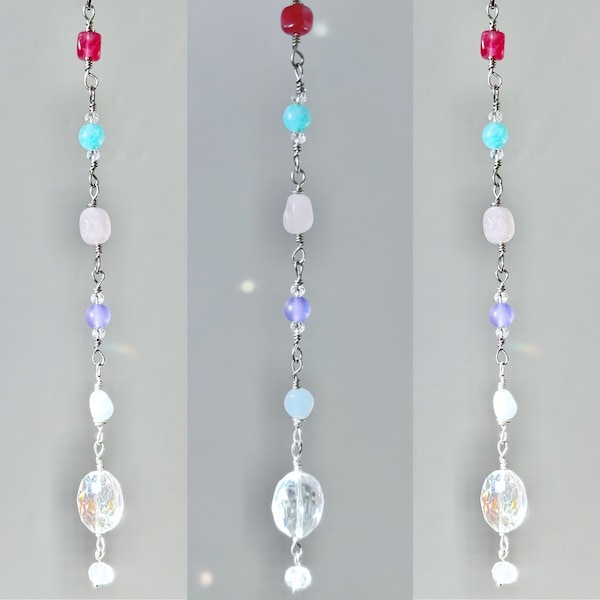 Crystal Suncatcher Wire Wrapped with Aquamarine / Rose Quartz / Agate Gemstones- Pendulum / Rainbow Maker Sun Catcher Window Accessories