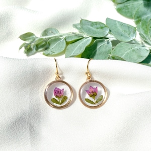 Real Pink Boronia Flower Earrings: Gold Resin Dangles