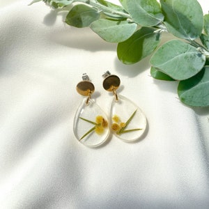 Wattle Collection small teardrop dangle, resin botanicals earrings, real flower earrings