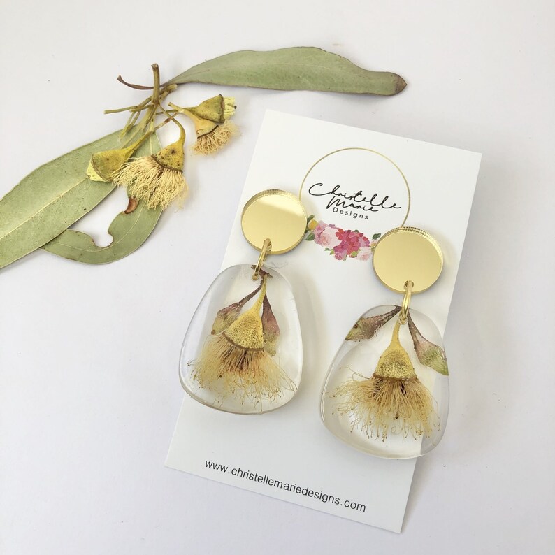 resin botanicals real flower earrings Medium dangle yellow gum blossom