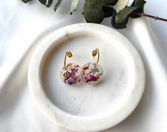 Round gold hoop top flower confetti dangles, dried flower earrings