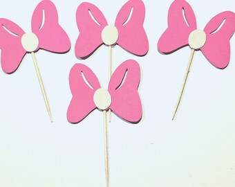 Pink Minnie Bow Cupcake Toppers: Happy Birthday Decorations