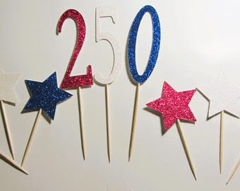 Red, White and Blue Glitter 250 cake toppers: 250 Anniversary Decoration