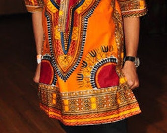 Orange Dashiki Men's Shirt, Shirt for Men, Gift for Dad, African Fabric, Holland fabric, African Clothing, African Print Shirt