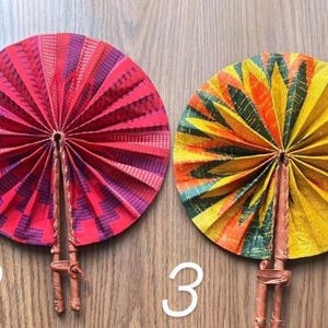 Hand fan, Africa fan , Ankara print, African print fans with leather handles, Ghana Kente fan, handmade fan, Beach fold fan FAST SHIPPING
