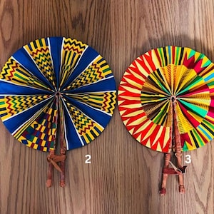 Hand fan, Africa fan , Ankara print, African print fans with leather handles, Ghana Kente fan, handmade fan, Beach fold fan FAST SHIPPING