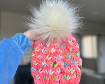 Luxury Lotus Flower Beanie in Hot Lava and Toucan Do It | Beanie for Woman | Winter Beanie | Winter Hat for Woman with a Lotus Design
