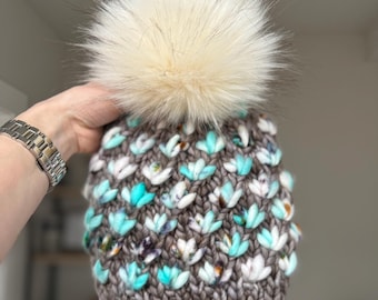 Luxury Adult Lotus Flower Beanie in Sombras and Blue Mix, Adult Lotus Flower Beanie, Lotus Design Beanie, Luxury Knit Wool Beanie
