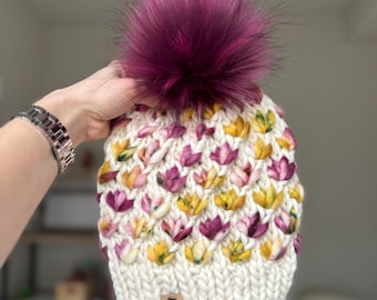 Luxury Adult Lotus Flower Beanie in Natural and Fuchsia Mix | Luxury Knit Beanie | Knit Beanie | Faux Fur Pom Pom | Merino Wool Beanie