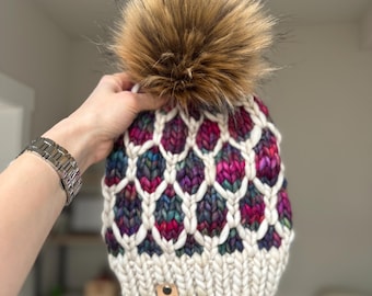 Adult Luxury Looking Glass Knit Beanie  in Fog and Aniversario |  Merino Wool Knit Hat with Faux Fur Pom |  Looking Glass Beanie