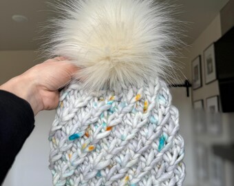 Adult Luxury Crush Beanie in Cityscape |  Merino Wool Knit Hat with Faux Fur Pom |  Looking Glass Beanie
