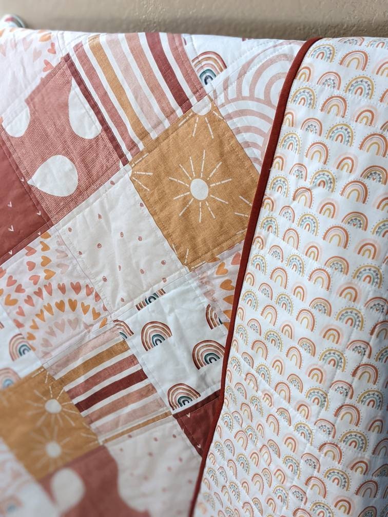 Baby Girl Quilt Earthy Tones Muted Rainbow Crib Bedding Modern Crib Quilt Desert Sunrise Neutral patchwork Rag Quilt personalized Quilt Etsy