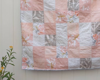 Baby girl nursery quilt, floral baby bedding, blush pink and grey, crib quilt, patchwork, rag quilt,  floral girl blanket